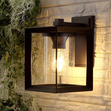Vaughn 7.25" Iron/Glass Modern Rustic Cube LED Outdoor Lantern - JONATHAN Y